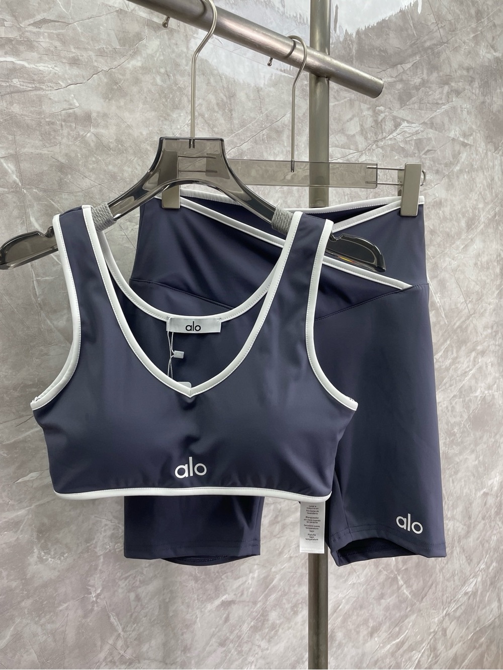ALO Yoga Navy Sports Bra and Bike Shorts with White Trim